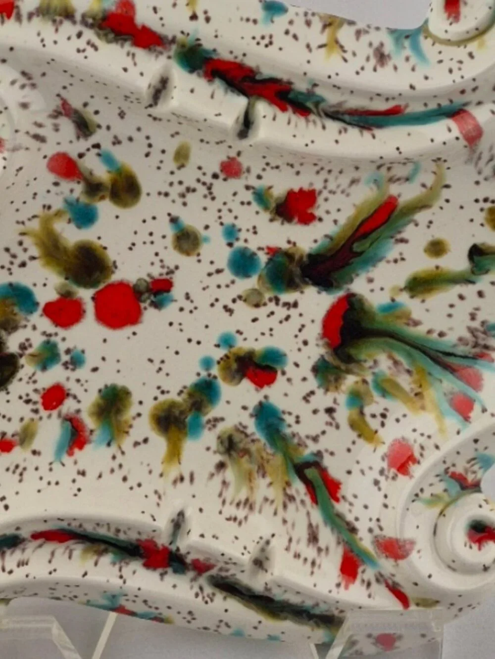 Speckled Ceramic Ashtray Drip Glaze Splatter Mid Century Modern Red Turquoise